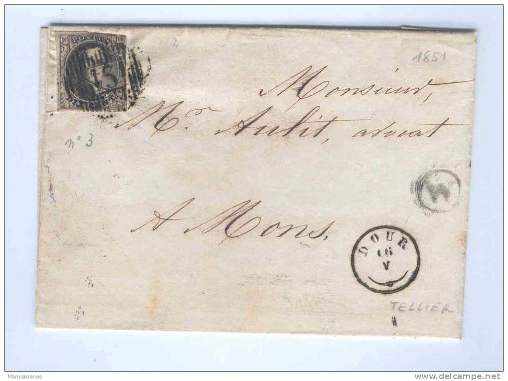 462/15 - Lettre TP Médaillon No 3 (3 Marges) Distribution 13 Type 18 DOUR 1851 Vers MONS - Boite Rurale W (Non Signalée) - Rural Post