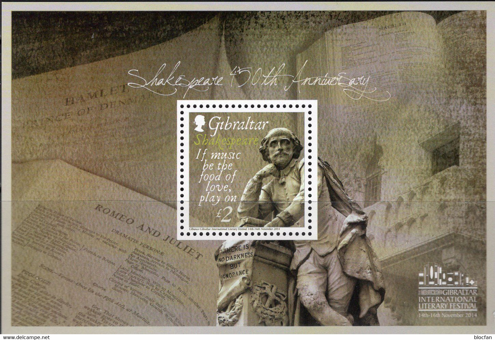 Dichter Shakespeare 2014 Gibraltar Block 116 ** 7€ Denkmal Skulptur Porträt Literatur Hoja S/s Bloc M/s Sheet Bf UK - Gibraltar