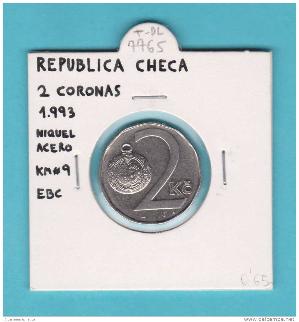 REPUBLICA  CHECA  2   CORONAS   1.993    NIQUEL-ACERO    KM#9  EBC/XF     DL-7765 - Tsjechië