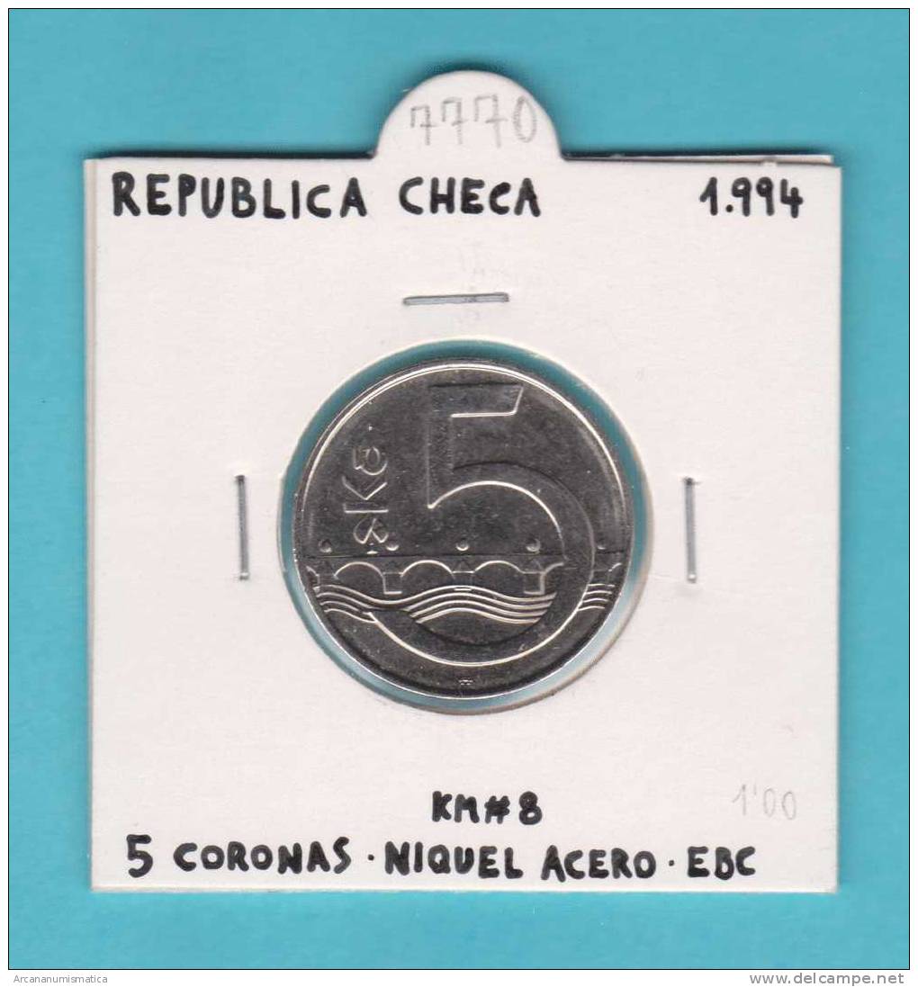 REPUBLICA  CHECA  5   CORONAS   1.994    NIQUEL-ACERO    KM#8  EBC/XF     DL-7770 - Tsjechië