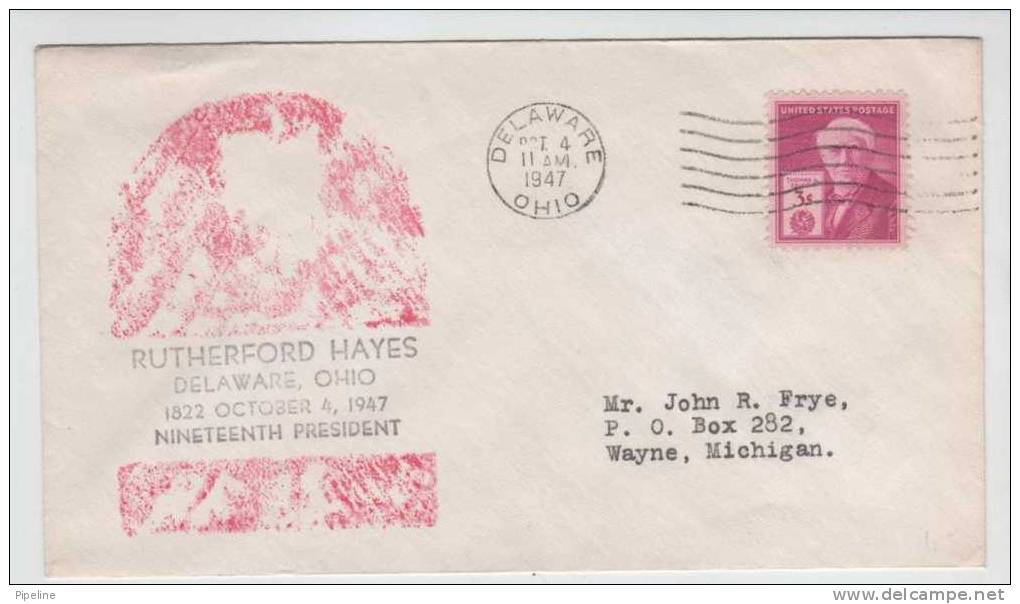 USA Cover Delaware OHIO 4-10-1947 Rutherford Hayes Nineteenth President - Storia Postale