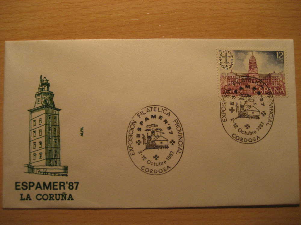 CORDOBA 1987 Exp Fil Prov Espamer 87 Faro Phare Lighthouse Colon America Coruña Matasellos Especial Sobre Cover Lettre - Storia Postale