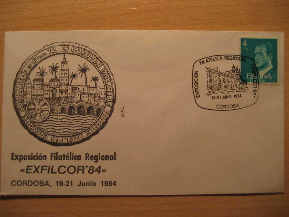 CORDOBA 1984 Exposicion Filatelica Regional Exfilcor 84 Moneda Coin Palmera Pont Matasellos Especial Sobre Cover Lettre - Storia Postale