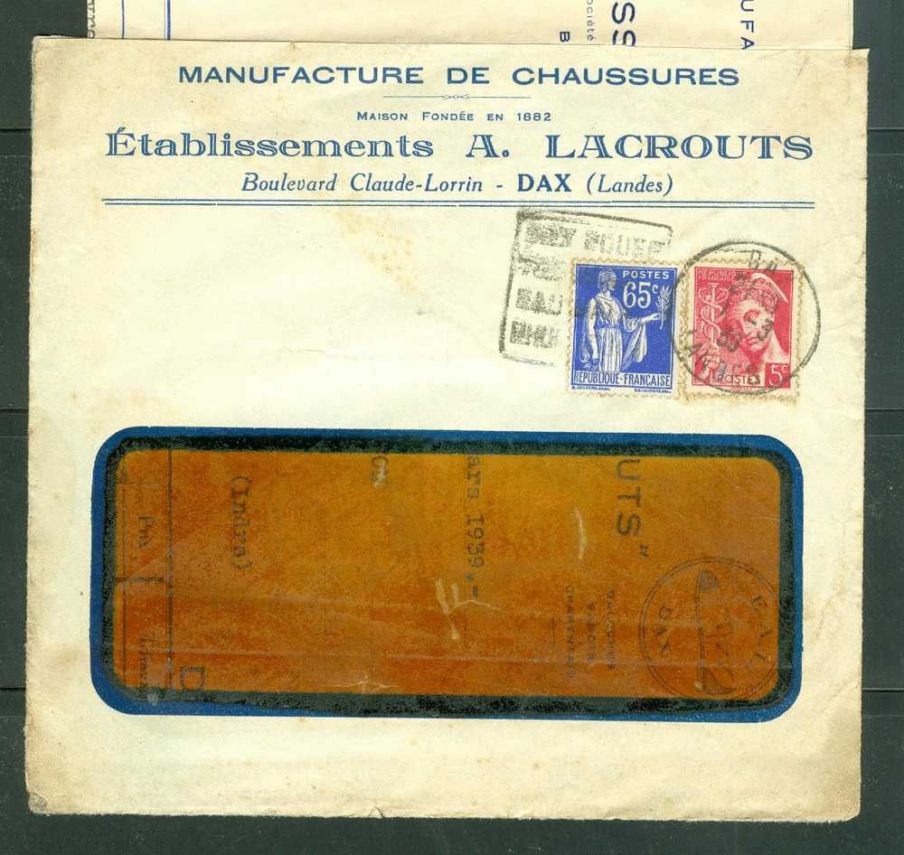 Maury N°406 + N°365 Sur Lettrre En Combinaison Oblitéré Le 1/03/1939 - Af0101 - 1938-42 Mercure