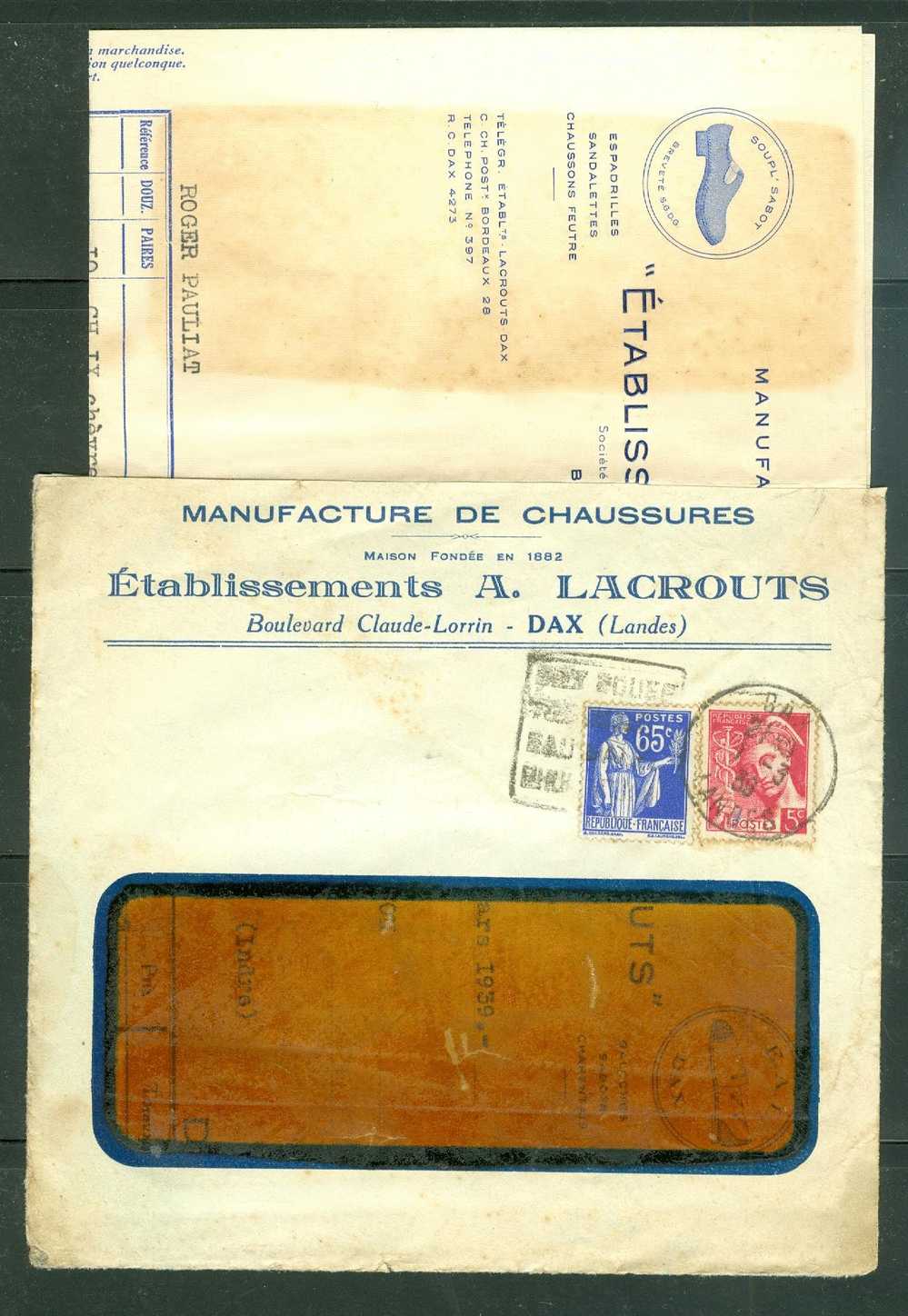 Maury N°406 + N°365 Sur Lettrre En Combinaison Oblitéré Le 1/03/1939 - Af0101 - 1938-42 Mercurio