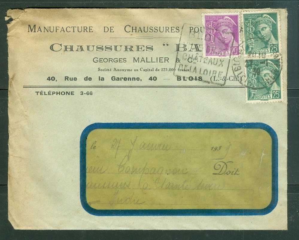 Maury N°411 X 2  + N°410 OBLITERE Blois SUR LETTRE En Janvier 1939- Af0109 - 1938-42 Mercurio