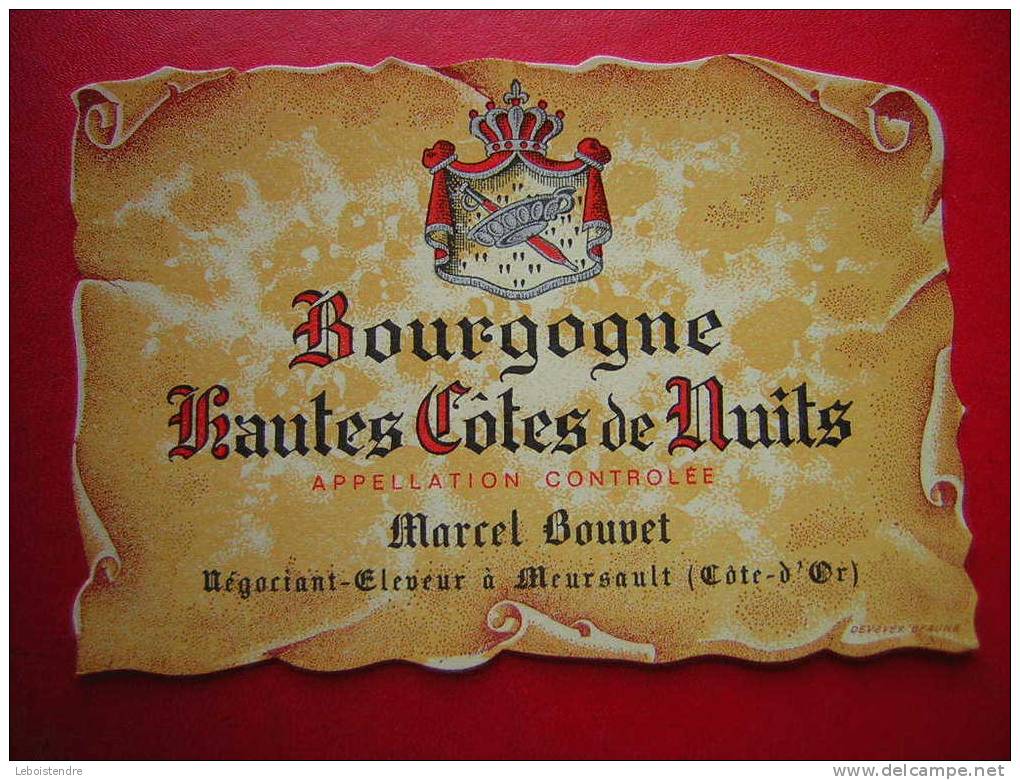 ETIQUETTE-BOURGOGNE-HAUTES COTES DE NUITS-APPELLATION CONTROLEE-MARCEL BOUVET-NEGOCIANT ELEVEUR A MEURSAULT - Bourgogne