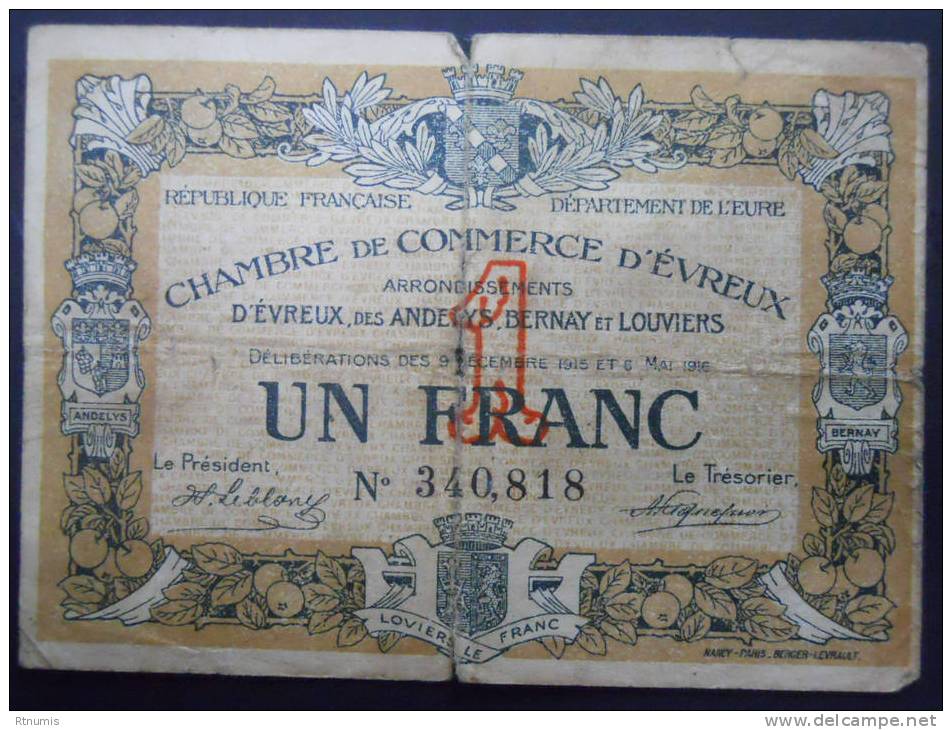 Evreux 1 Franc Pirot 5 - Cámara De Comercio