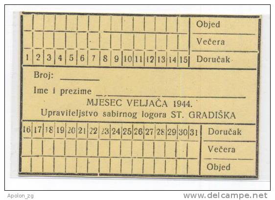 CROATIA / CONCENTRATION CAMP JASENOVAC - SUBCAMP STARA GRADISKA , MEAL CARD 1944 - RARE WWII  HOLOCAUST ISSUE !!! - Croatia