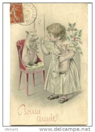 CPA COCHON Bonne Année Gui Houx Fillette Aux Cochons 1908 - Cerdos