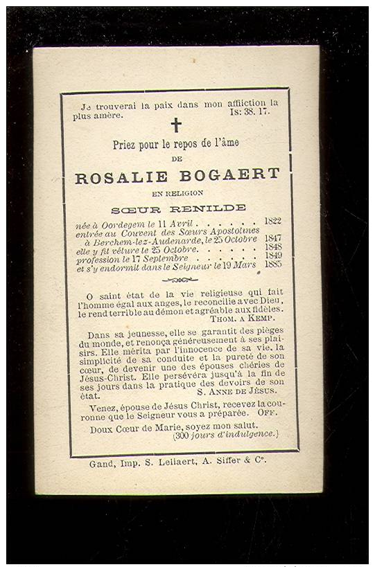 Doodsprentje ( 2322 )   Oordegem  Berchem - Lez - Audenarde  1885 -  Soeur ( Non Zuster Religieuse ) Renilde -  Bogaert - Images Religieuses