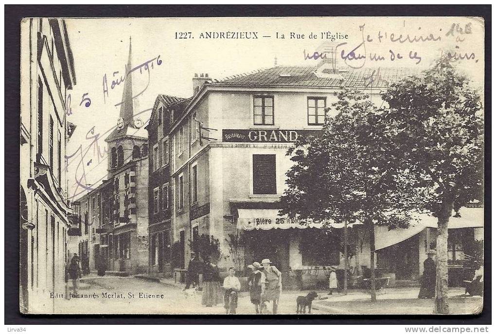 CPA  ANCIENNE- FRANCE- ANDRÉZIEUX (42)- LA RUE DE L´EGLISE EN ÉTÉ AVEC BELLE ANIMATION- COMMERCES - Andrézieux-Bouthéon