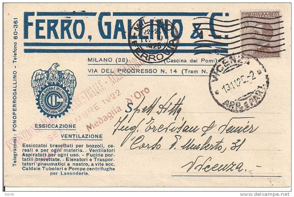 FERRO GALLINO  E C. -  MILANO -  CARTOLINA COMMERCIALE VIAGGIATA  1925 - - Pubblicitari