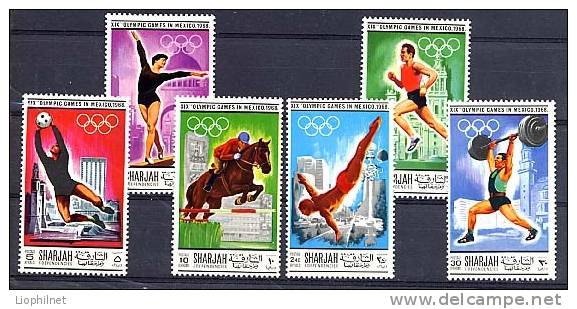 SHARJAH 1968, FOOTBALL, EQUITATION, COURSE, HALTERES, PLONGEON, GYMNASTIQUE, 6 Valeurs, NEUFS / Mint. R313 - Zomer 1968: Mexico-City