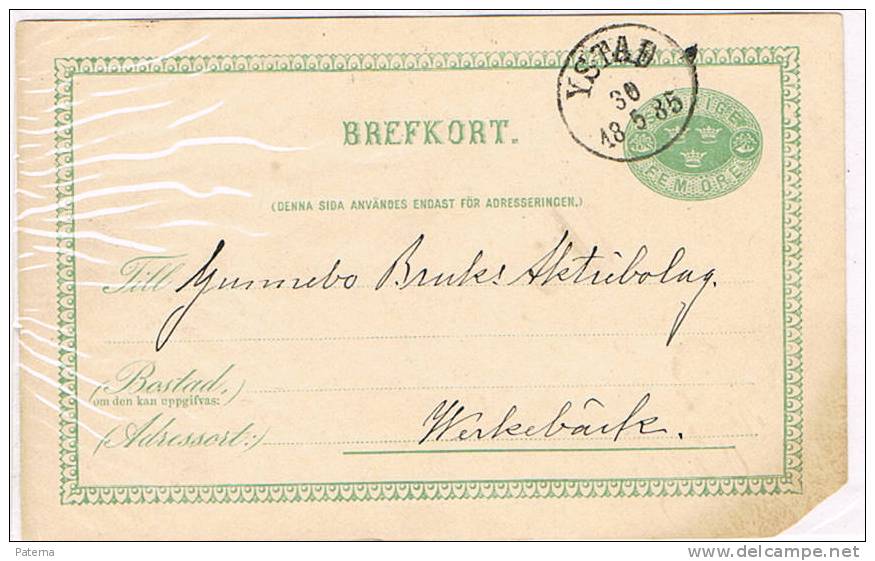 Entero Postal, YSTAD 1885 ( Suecia), Entier Postal - Ganzsachen