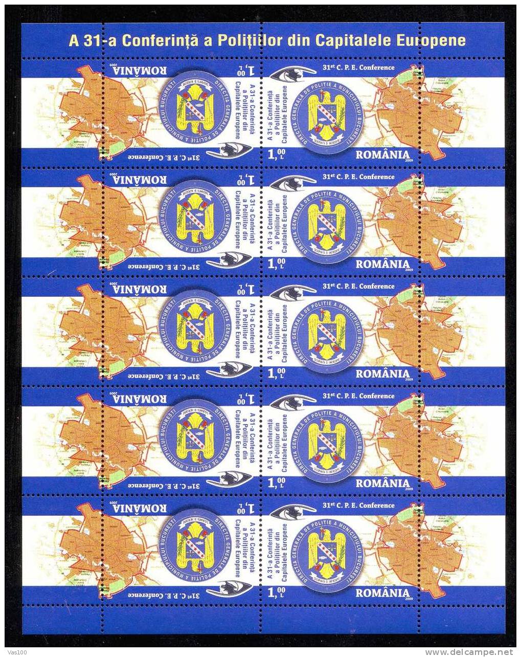 Conference Police In European Capitals,Maps,coat Of Arms Police!, Stamps 1 Leu Tete-beche Pair, MNH ** - Romania. - Policia – Guardia Civil