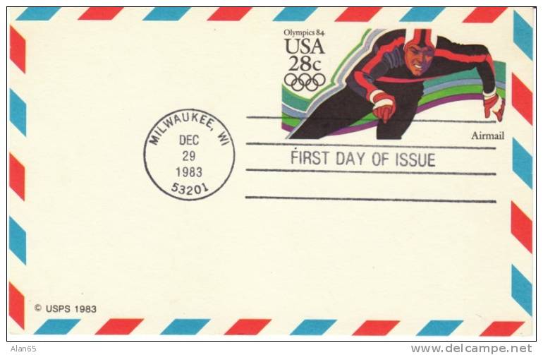 28-cent Airmail Postal Card, FDC, 1984 Winter Olympics Speed Skater, First Day Of Issue Cancel Postmark 29 December 1983 - 1981-00