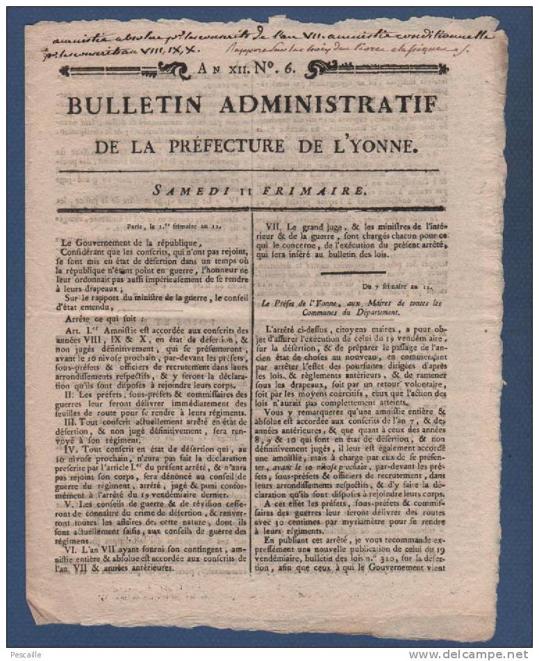 1803 - 89 - BULLETIN ADMINISTRATIF DE L´YONNE 11 FRIMAIRE AN 12 - AMNISTIE DESERTEURS - INSTRUCTION PUBLIQUE - LIVRES - 1800 - 1849