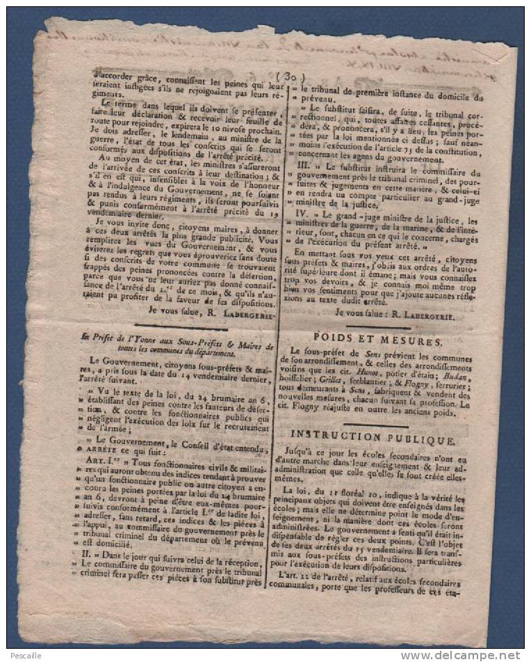 1803 - 89 - BULLETIN ADMINISTRATIF DE L´YONNE 11 FRIMAIRE AN 12 - AMNISTIE DESERTEURS - INSTRUCTION PUBLIQUE - LIVRES - 1800 - 1849