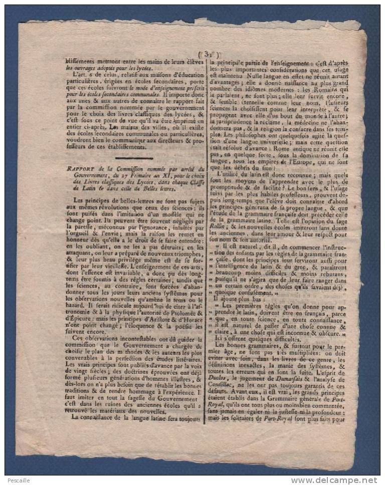 1803 - 89 - BULLETIN ADMINISTRATIF DE L´YONNE 11 FRIMAIRE AN 12 - AMNISTIE DESERTEURS - INSTRUCTION PUBLIQUE - LIVRES - 1800 - 1849