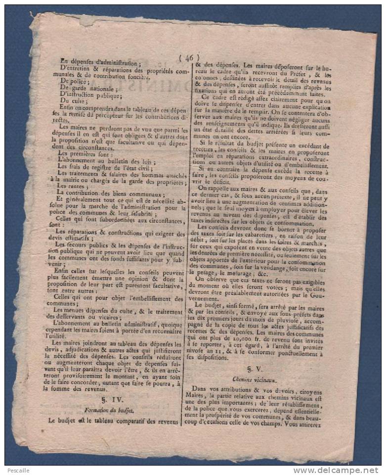 1804 - 89 - BULLETIN ADMINISTRATIF DE L´YONNE 7 PLUVIOSE AN 12 - TENUE CONSEILS MUNICIPAUX - EGLISES - CHEMINS VICINAUX - 1800 - 1849