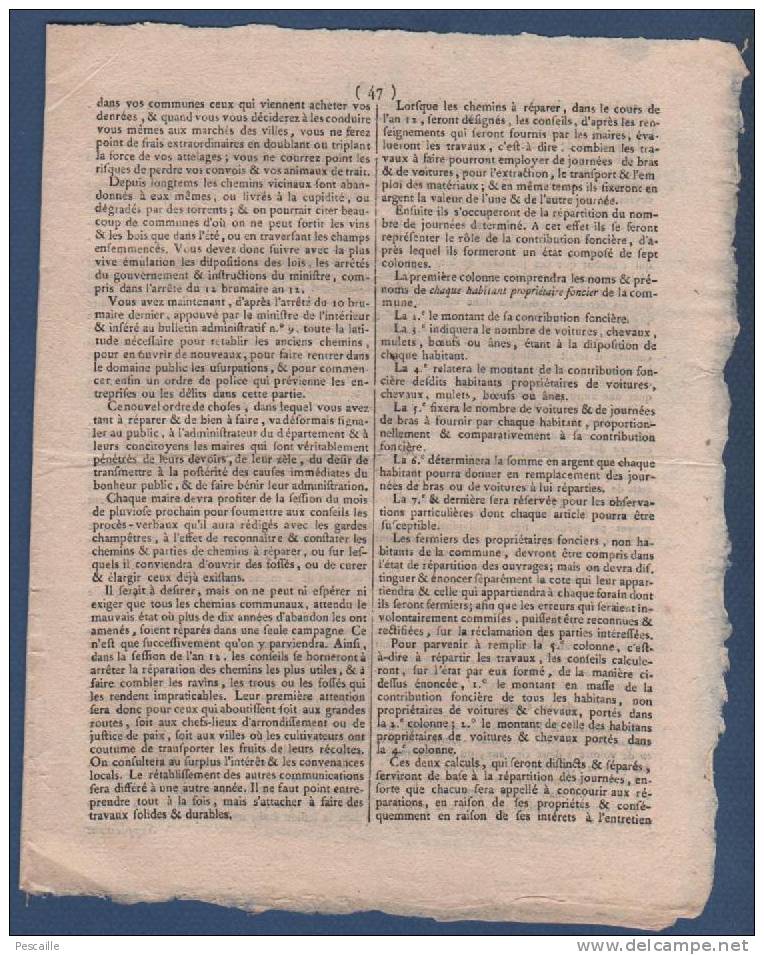 1804 - 89 - BULLETIN ADMINISTRATIF DE L´YONNE 7 PLUVIOSE AN 12 - TENUE CONSEILS MUNICIPAUX - EGLISES - CHEMINS VICINAUX - 1800 - 1849