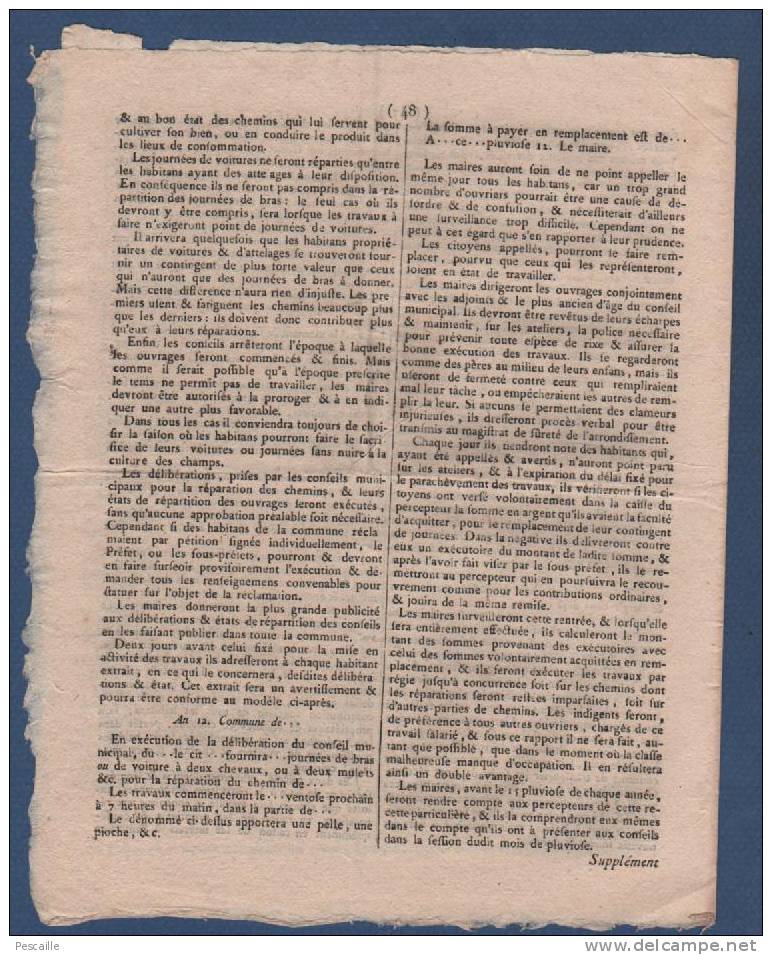 1804 - 89 - BULLETIN ADMINISTRATIF DE L´YONNE 7 PLUVIOSE AN 12 - TENUE CONSEILS MUNICIPAUX - EGLISES - CHEMINS VICINAUX - 1800 - 1849