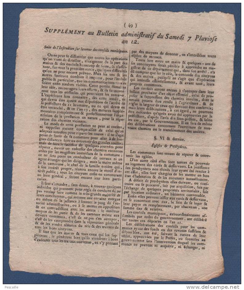 1804 - 89 - BULLETIN ADMINISTRATIF DE L´YONNE 7 PLUVIOSE AN 12 - TENUE CONSEILS MUNICIPAUX - EGLISES - CHEMINS VICINAUX - 1800 - 1849