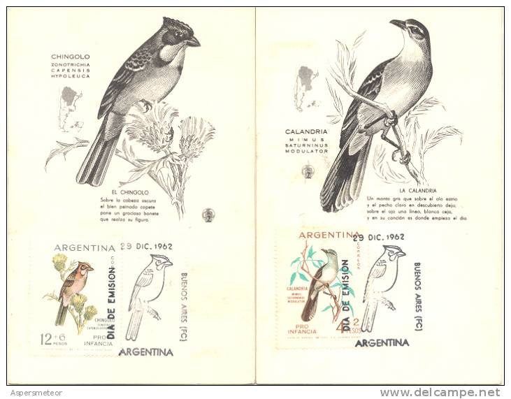 PRO INFANCIA 1962 SERIE COMPLETA 2 CARDS TARJETAS FDC PAJAROS OISEAUX REPUBLICA ARGENTINA - Other & Unclassified