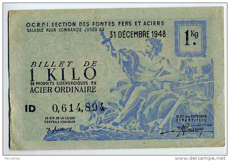 BILLET - OCRPI - 1 Kilo Acier Ordinaire Du 31 Décembre 1948, Numéro 0614894 - Bons & Nécessité