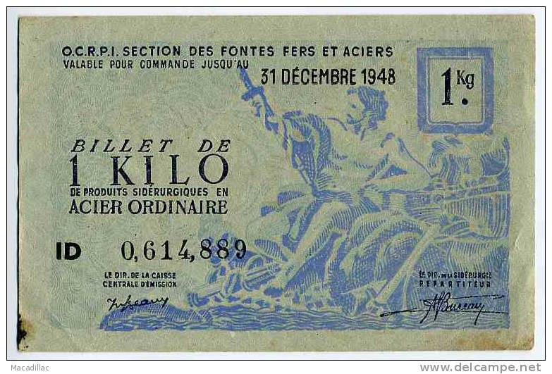 BILLET - OCRPI - 1 Kilo Acier Ordinaire Du 31 Décembre 1948, Numéro 0614889 - Bons & Nécessité