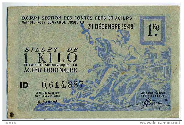 BILLET - OCRPI - 1 Kilo Acier Ordinaire Du 31 Décembre 1948, Numéro 0614887 - Bons & Nécessité