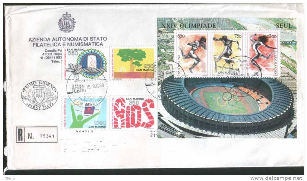 San Marino 1988 Busta FDC Con Foglietto Olimpiadi Seul +Serie Convegno AIDS - Gebraucht