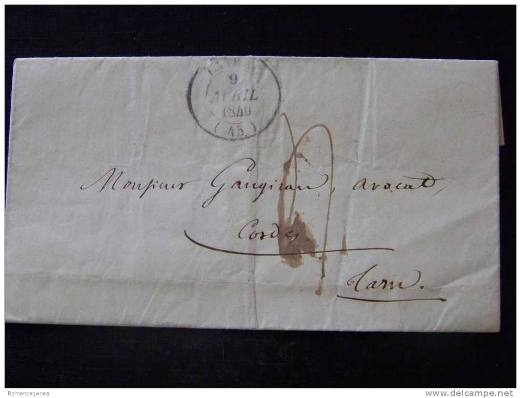 Marque Postale - CORDES (Tarn) - Le 9 Avril 1840 - AGEN - TOULOUSE - 1801-1848: Precursors XIX