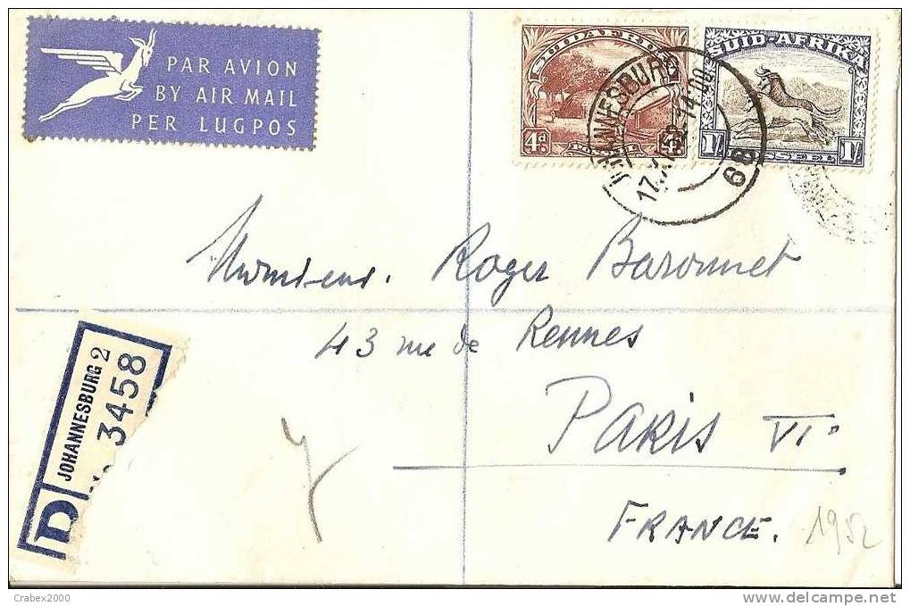 N° Y&t 107+192   Lettre      JOHANNESBURG    Vers    FRANCE   Le      17 NOVEMBRE1952 - Covers & Documents