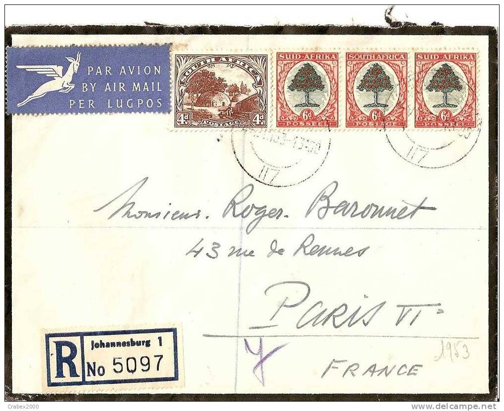 Ny&t    42 +89  Lettre     JOHANNESBURG  Vers  FRANCE Le   04 AOUT 1953 - Brieven En Documenten
