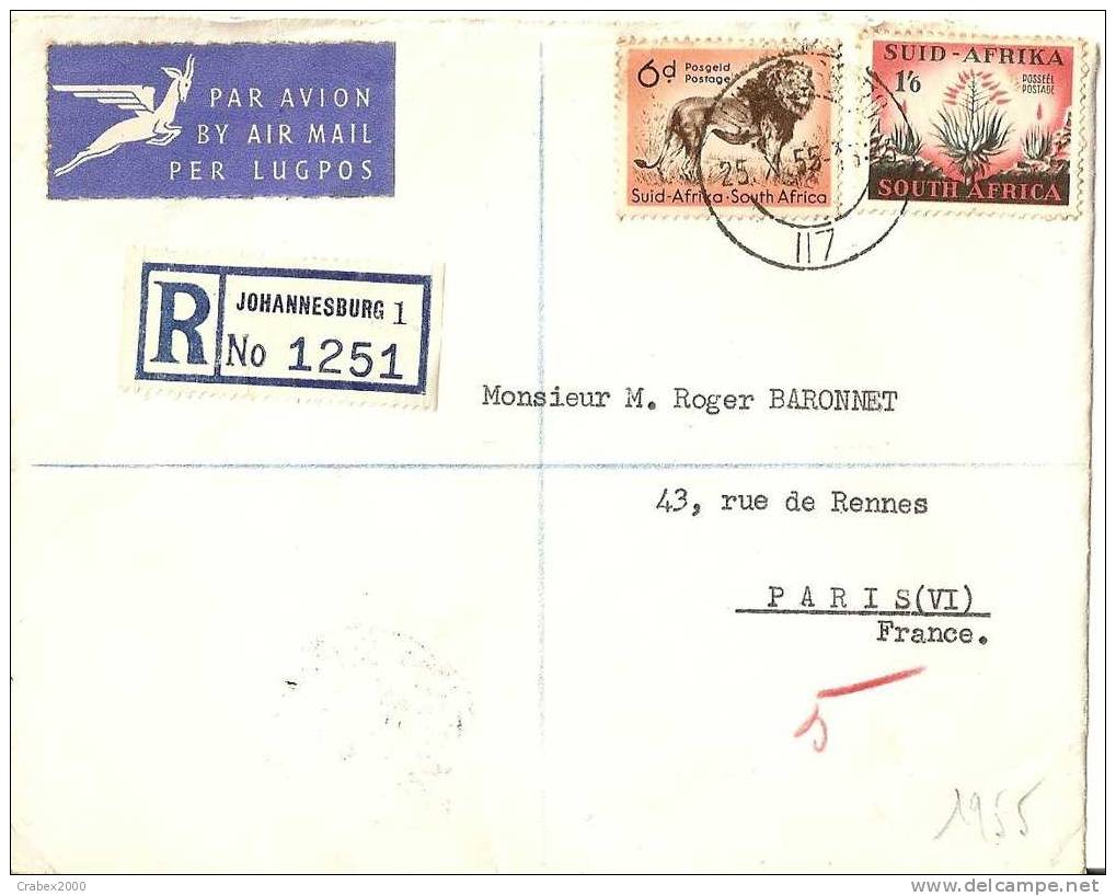 Ny&t    192+208  Lettre     JOHANNESBURG  Vers  FRANCE Le   25 OCTO 1955 - Storia Postale