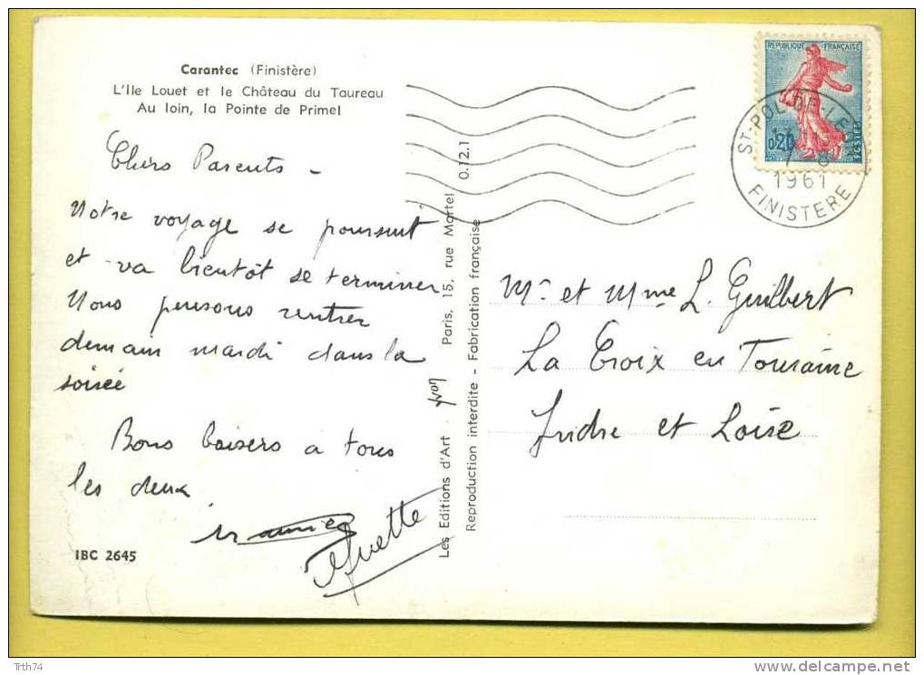 29 Carantec L' Ile Louet Et Le Chateau Du Taureau, La Pointe De Primel ( Phare )CPM écrite En 1961 - Carantec