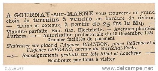 Gournay-sur-Marne (93) :La Mairie + Publicité Au Dos Pour La Vente Des Terrains Constructibles Environ 1930 RARE. - Gournay Sur Marne