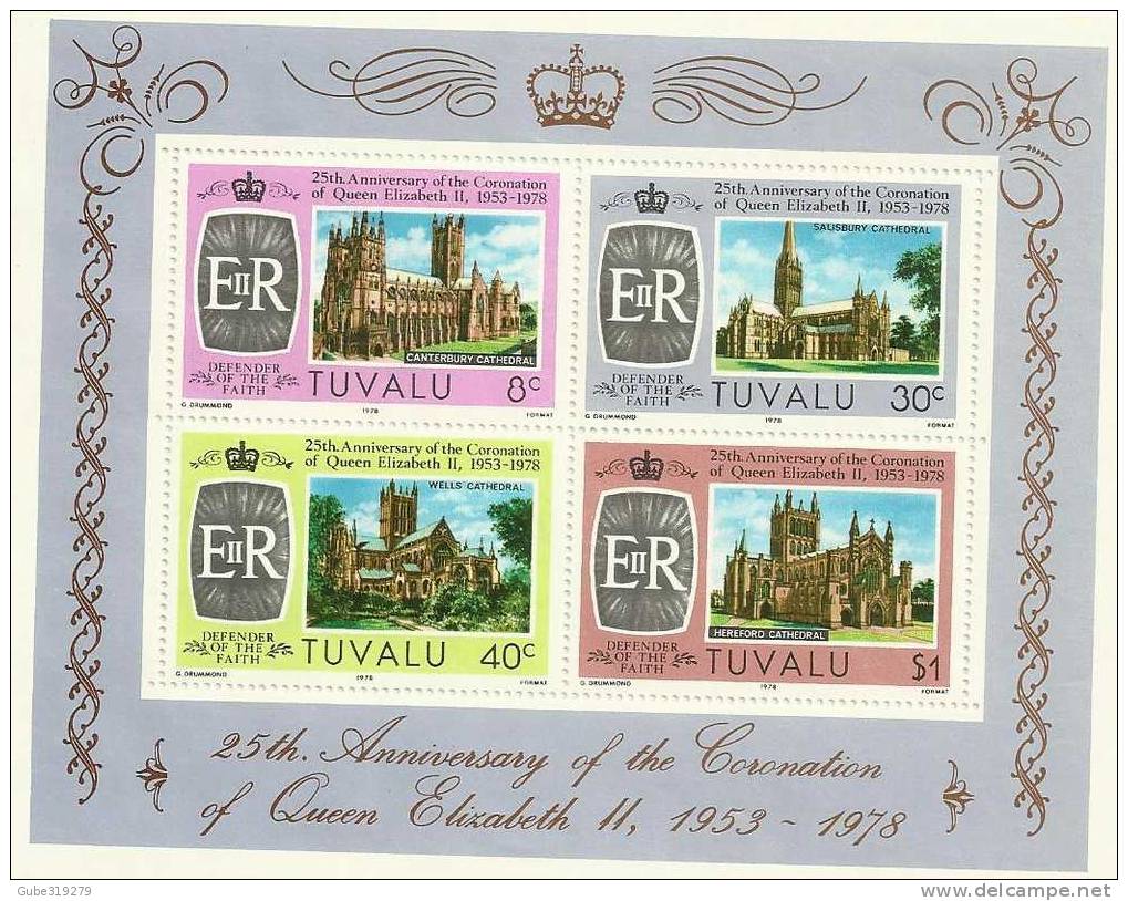 TUVALU  - 1978 - 25TH ANNIVERSARY CORONATION  OF ELISABETH II SOUVENIR SHEET OF 4 STAMPS  OF 8-30-40 CENT + S 1.00 - Tuvalu