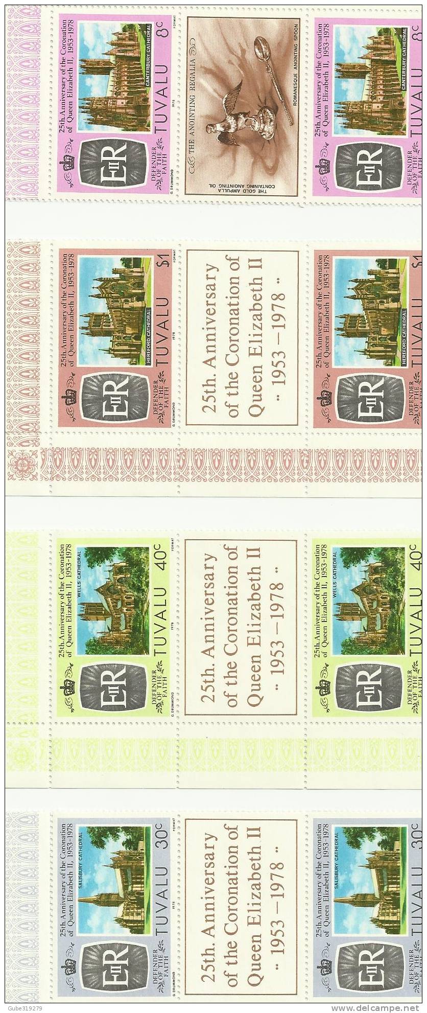 TUVALU  - 1978 -  25TH ANNIVERSARY CORONATION  OF ELISABETH II 4 GUTTERS PAIRS OF 2 STAMPS EACH OF 8-30-40 CENTS+1 $ - Tuvalu (fr. Elliceinseln)