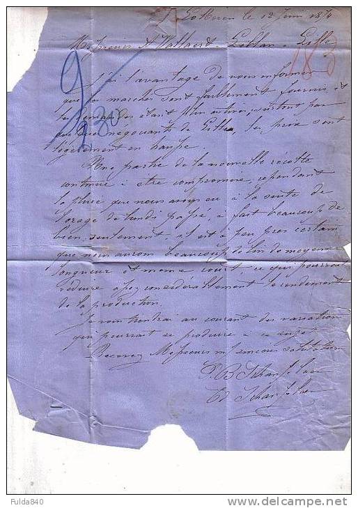 Lettre Enveloppe: De LOKEREN (négossiant  En Lin) Vers La Filature Wallaert & Leblan à LILLE. 1874. - Rural Post