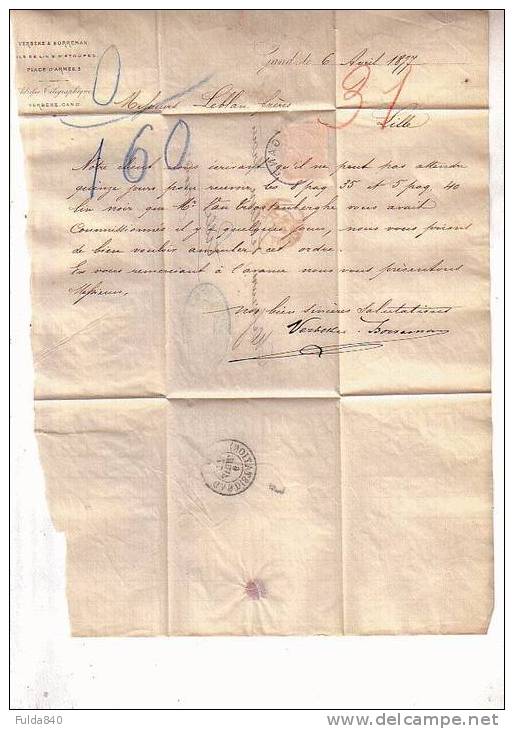 No 32- Cachet Simple Cercle GAND 1877 Vers LILLE - Entête Verbeke & Berreman à Gand - Poste Rurale