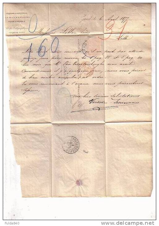 No 32- Cachet Simple Cercle GAND 1877 Vers LILLE - Entête Verbeke & Berreman à Gand - Rural Post