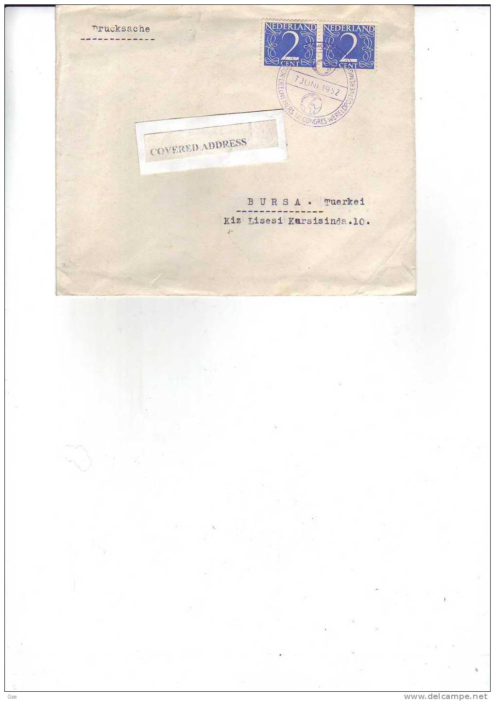 PAESI BASSI 1952 - Busta Con Annullo Speciale Illustrato  (violetto) - UPU - Brieven En Documenten