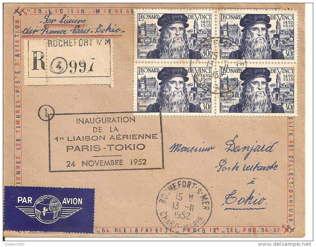 N°y&t  929X4   Lettre PARIS  Vers TOKYO       Le 13 NOVEMBRE  1952 - Storia Postale