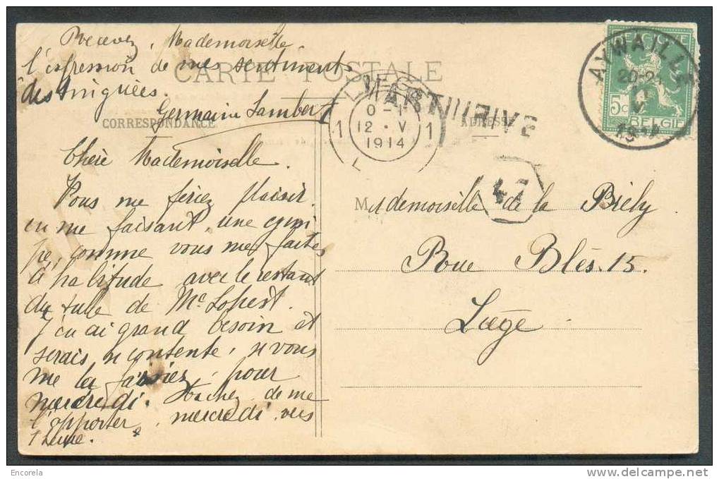 N°110 Obl. Sc AYWAILLE S/C.P. Du 11-V-1914 + Griffe MARTINRIVE Vers Liège. TB  - 5648 - Langstempel