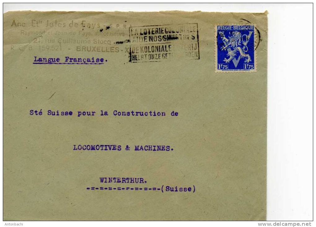 BELGIQUE / BELGIUM - 1945 - ENVELOPPE AVEC YT 683 - BRUXELLES À SUISSE - Lettres & Documents