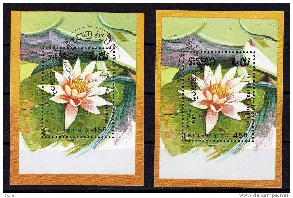 Abart See-Rosen Kambodscha 1039, Block 166 Plus 166I Verschnitt O 8€ Blumen Nymphaea - Cambodge