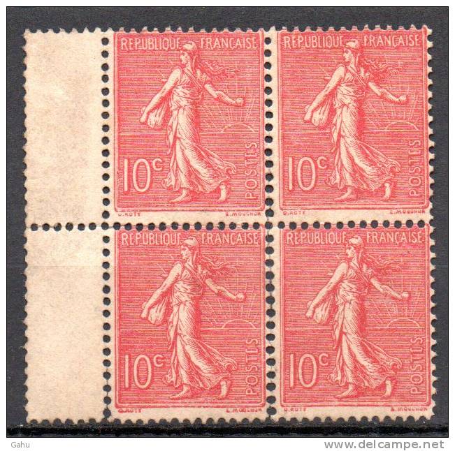 France ; 1903/24 ; Mth; N°Y:129c(rose Foncé) ;neuf Sans Charnière;SANS GOMME; Bloc De 4; Cote** : 160.00e. - 1903-60 Sower - Ligned